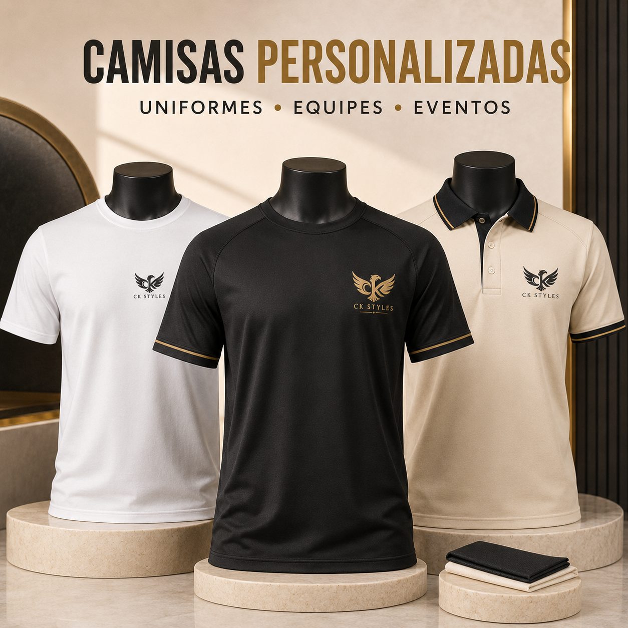 Camisas personalizadas brancas, pretas e bege com logo CK Styles