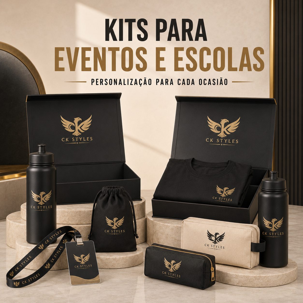 Kit personalizado CK Styles com caixa, squeeze, camisa, ecobag, nécessaire e crachá