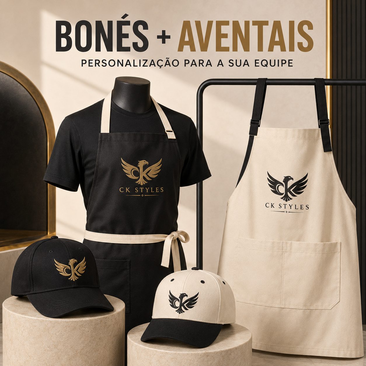 Bonés e aventais personalizados com logo CK Styles para equipe de cozinha ou atendimento