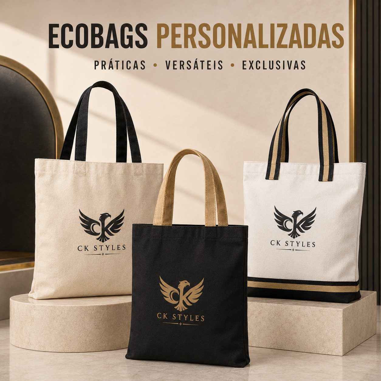 Ecobags personalizadas em bege, preto e off-white com logo CK Styles