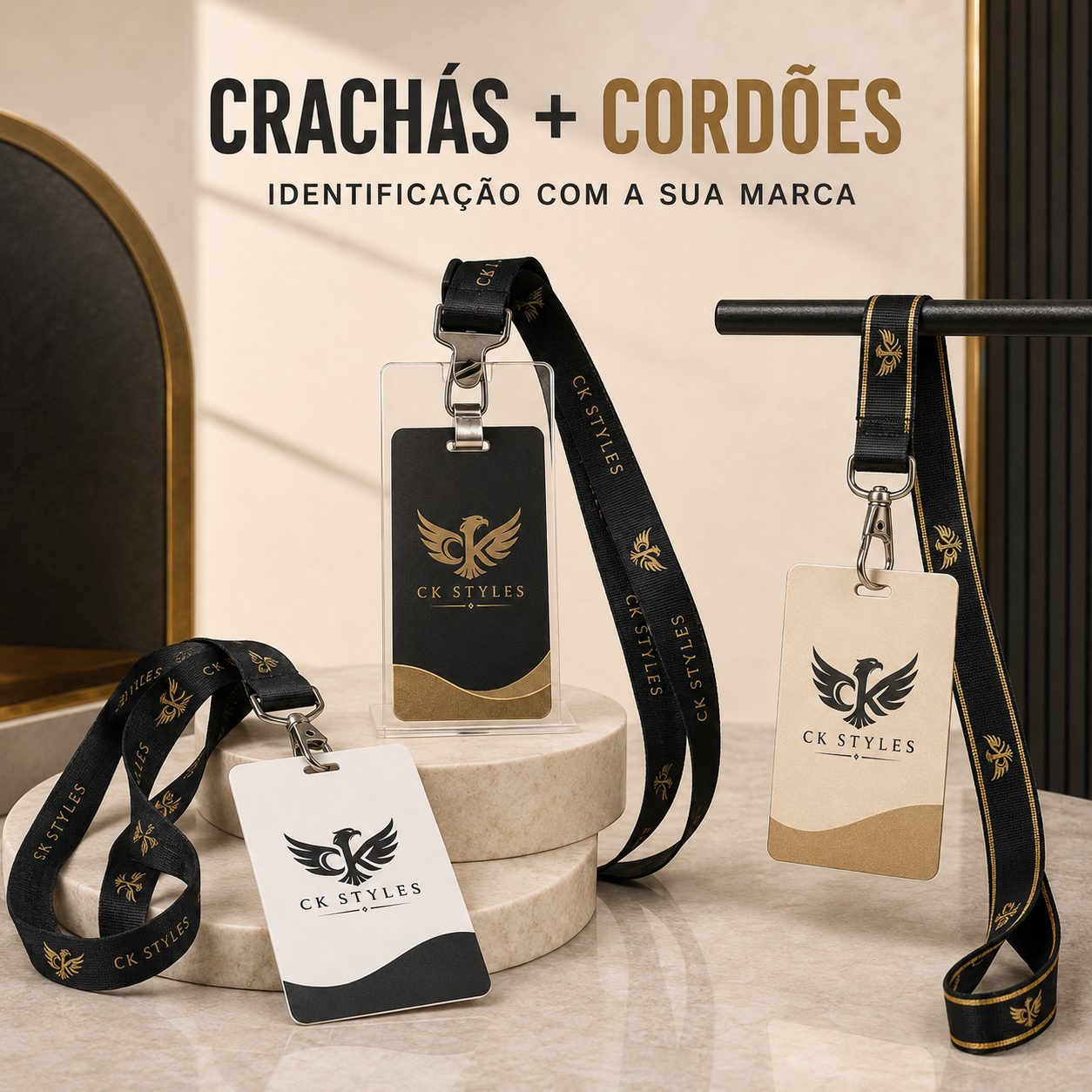 Crachás e cordões personalizados com logo CK Styles