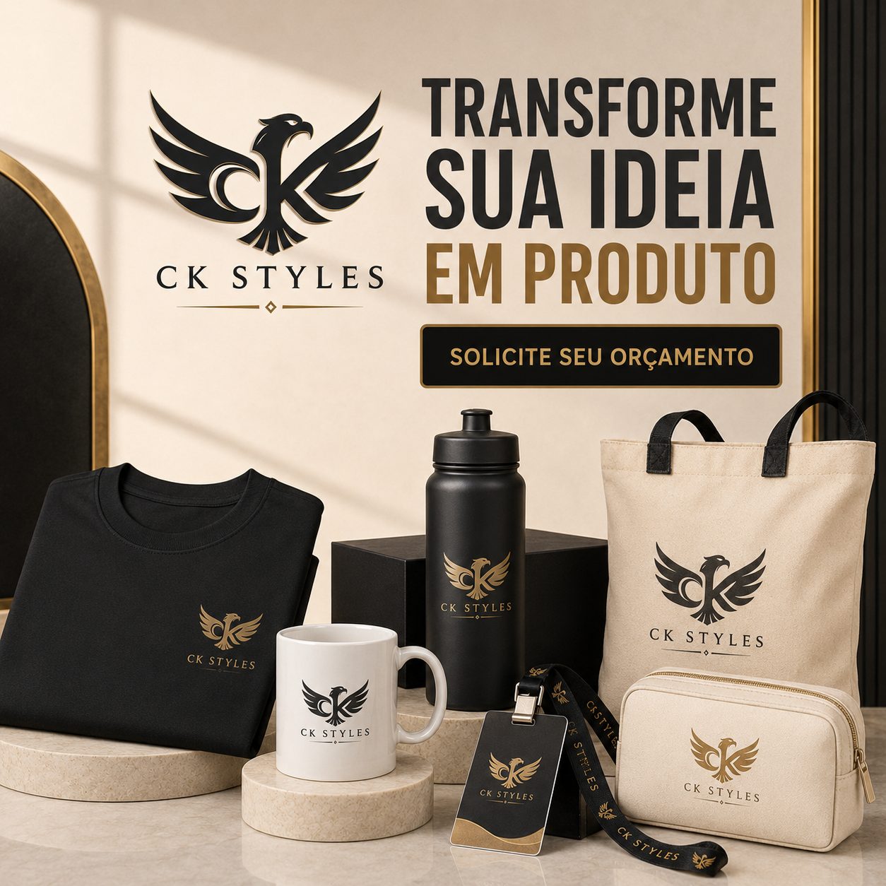 Camisa, squeeze, ecobag, caneca e nécessaire personalizados CK Styles