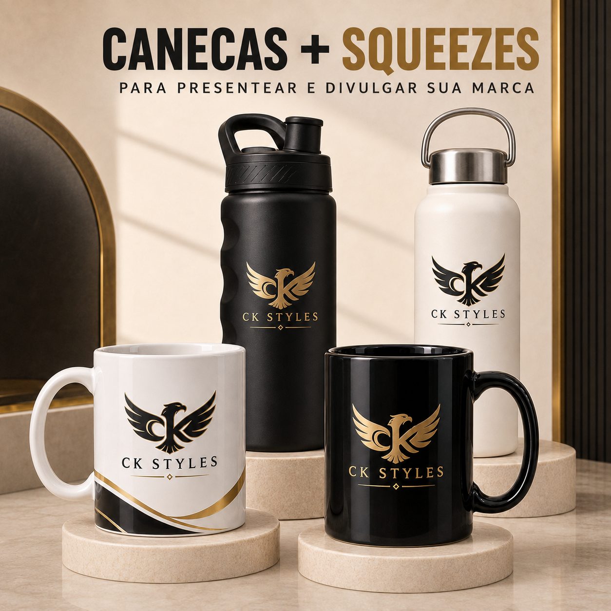 Canecas e squeezes personalizados com logo CK Styles