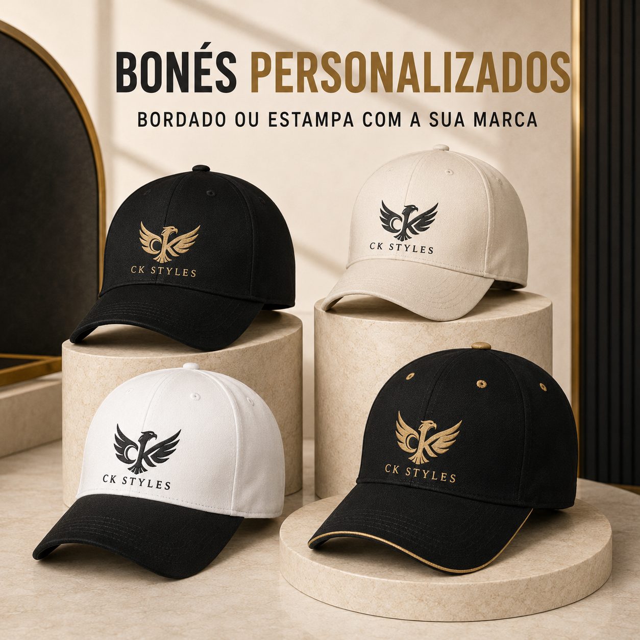 Bonés personalizados pretos, bege e brancos com logo CK Styles bordada